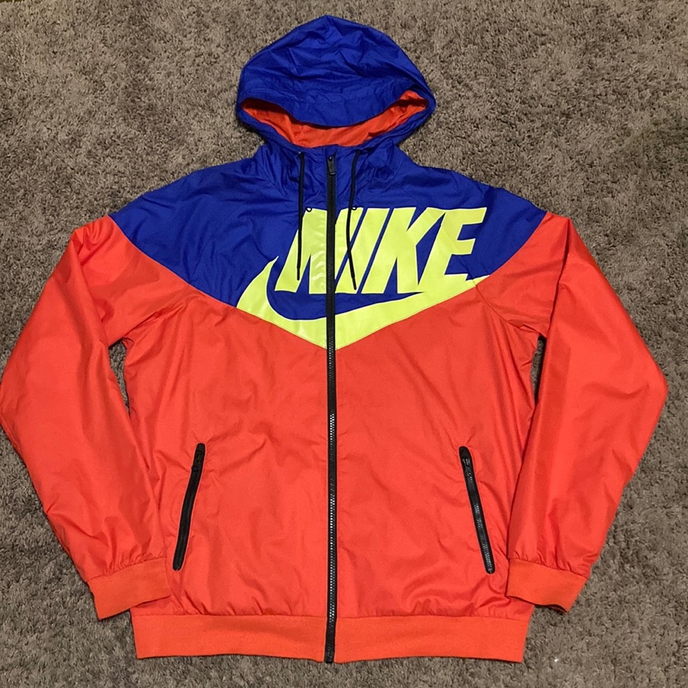 NIKE Wind Breaker Hooded Zip Up Jacket Coat Size M Infared Neon Yellow Blue